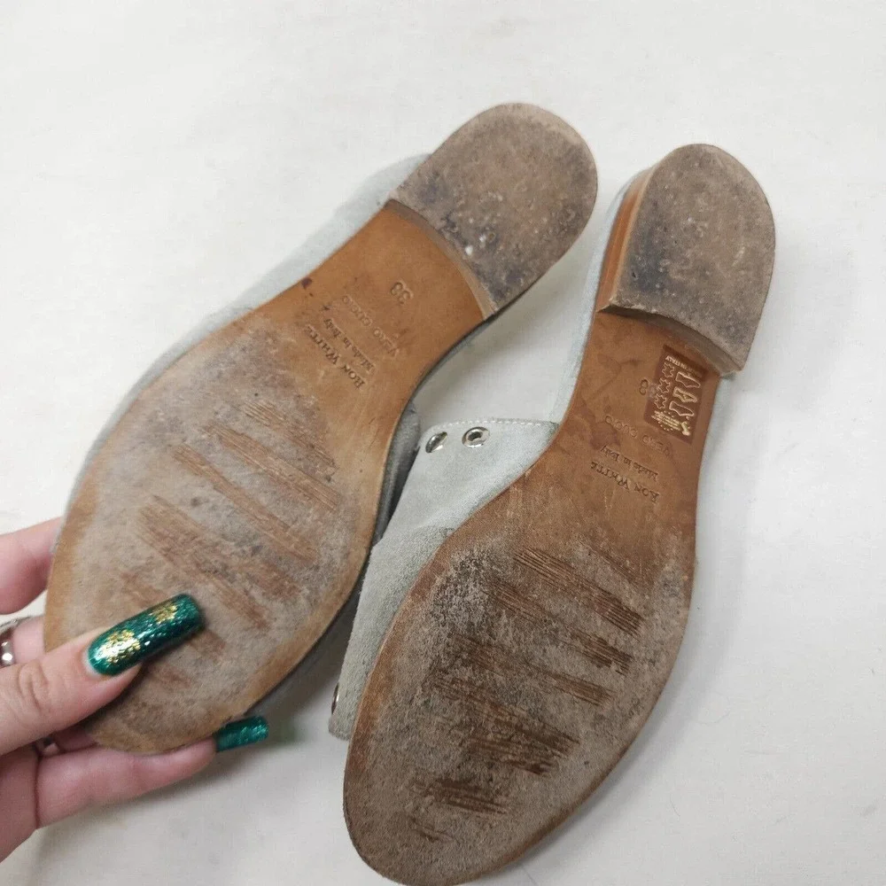 Ron White Womens Sandals Stone Gray Suede Leather Grommet Slides Shoes Sz 38 7.5